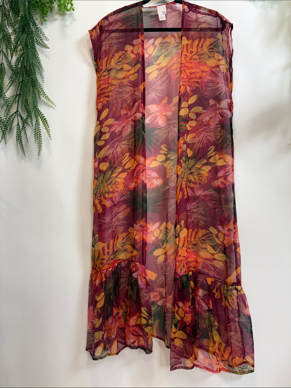 SO Sheer Floral Kimono Vest in Burgundy, Orange & Yellow